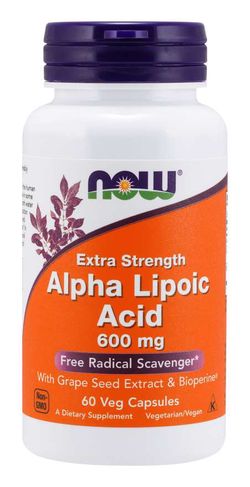 NOW® Foods NOW Alpha Lipoic Acid (Kyselina Alfa Lipoová) with Grape Seed Extract & Bioperine, 600  mg, 60 rostlinných kapslí