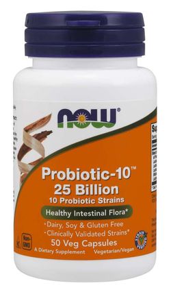 NOW® Foods NOW Probiotic-10, probiotika, 25 miliard CFU, 10 kmenů, 50 rostlinných kapslí