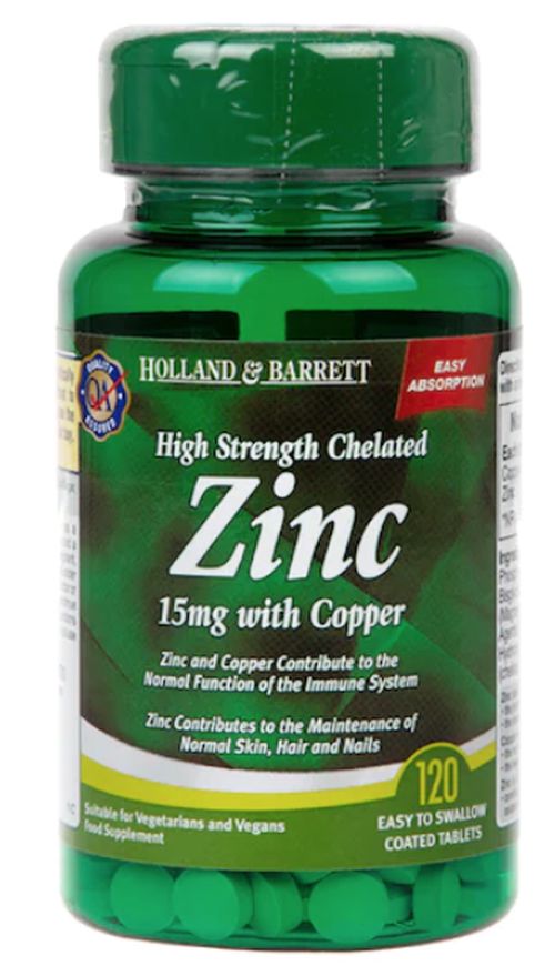 Holland & Barrett High Strength Chelated Zinc with Copper (Zinek v chelátové vazbě s mědí), 15 mg, 120 tablet
