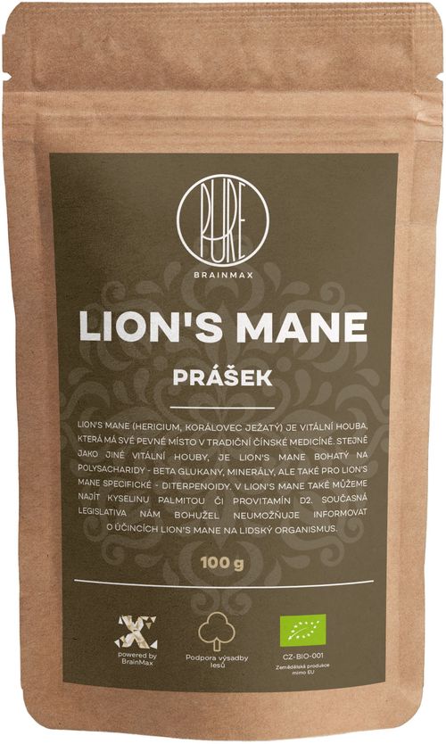 BrainMax Pure Lion's Mane (Hericium) prášek, BIO 100g *CZ-BIO-001 certifikát