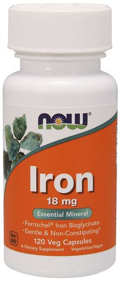 NOW® Foods NOW Iron Bisglycinate, železo chelát (Ferrochel), 18 mg, 120 rostlinných kapslí